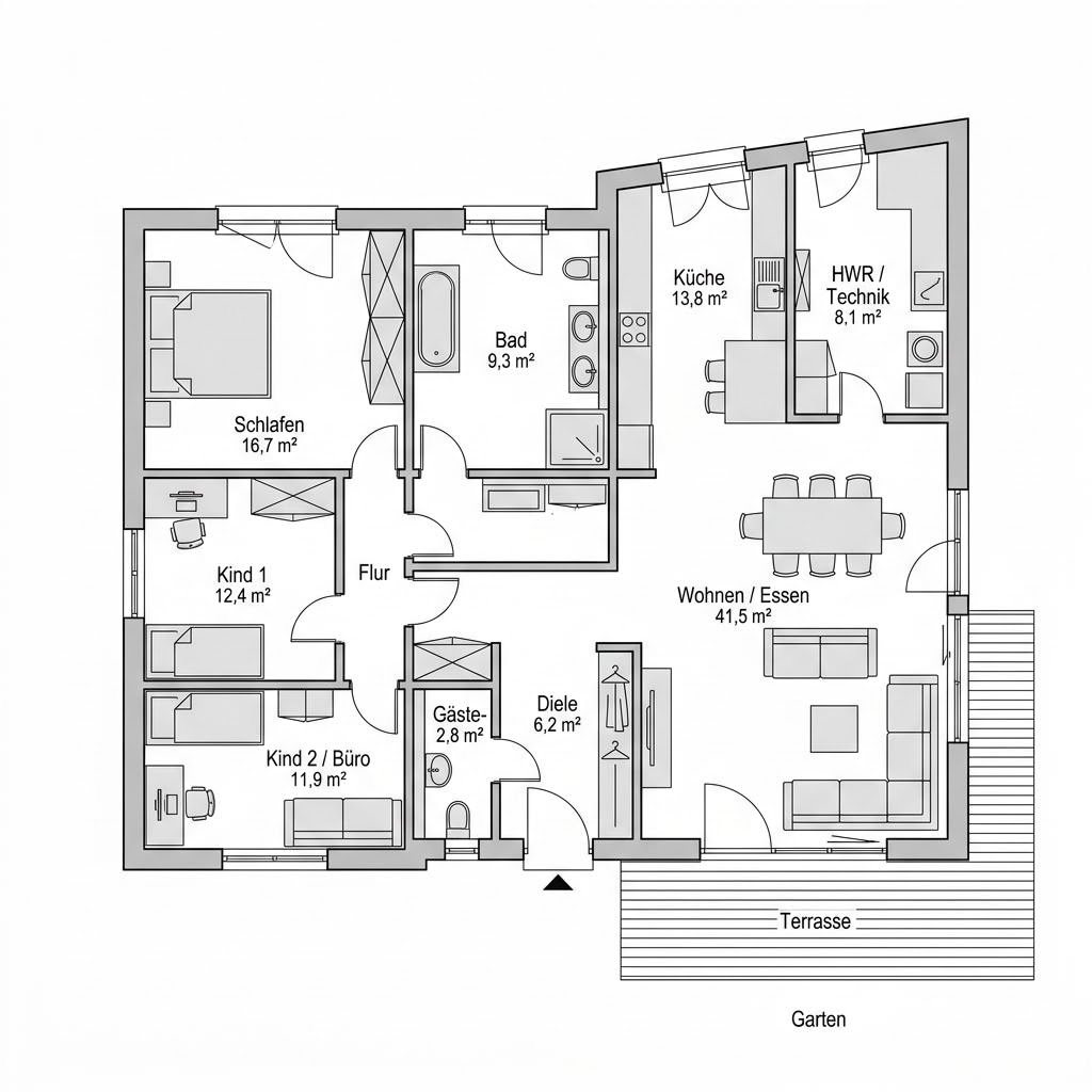 Grundriss PultNatur Bungalow 130 von Regnauer Hausbau — 130 m², 4 Zimmer