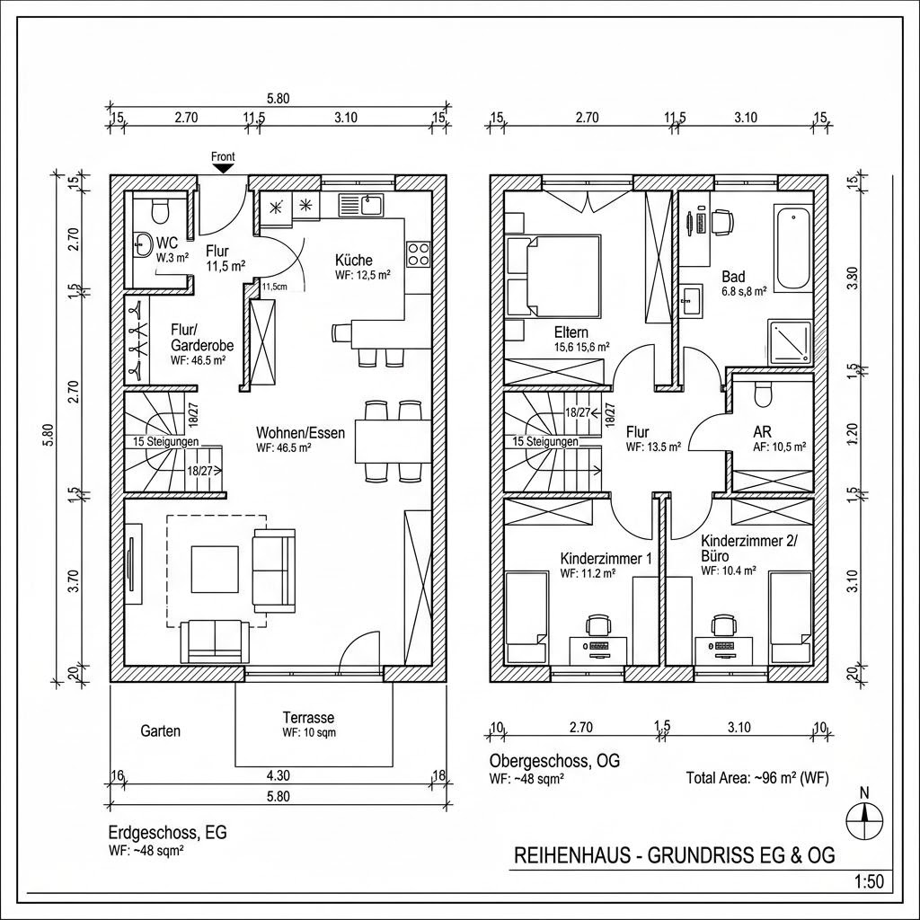 Grundriss Berlin Reihe 96 – 96 m² Reihenhaus mit 4 Zimmern