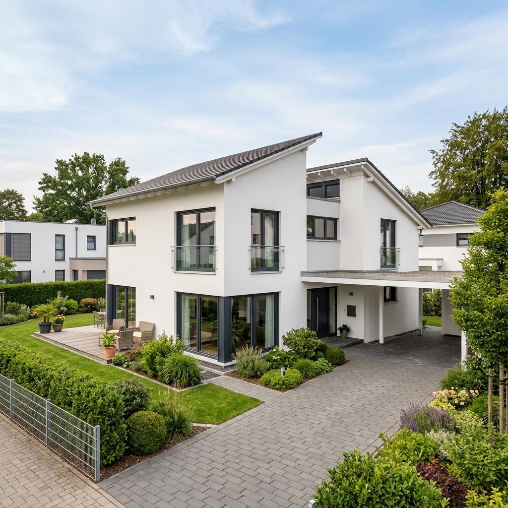 Kubushaus Clou 158 von RENSCH-HAUS mit versetztem Pultdach — kubisches Fertighaus im Bauhausstil mit 158 m²