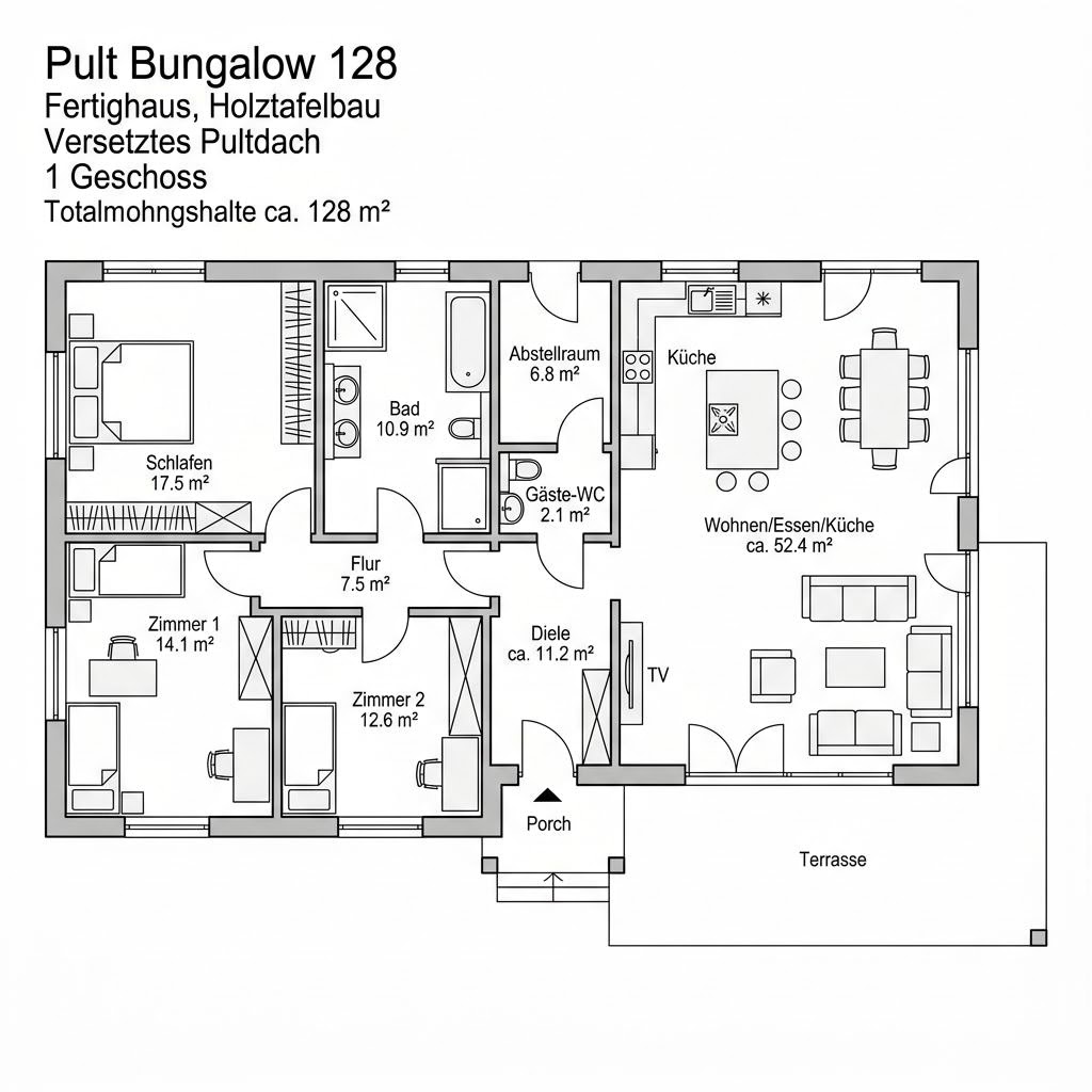 Grundriss Pult Bungalow 128 von RENSCH-HAUS — 128 m², 4 Zimmer
