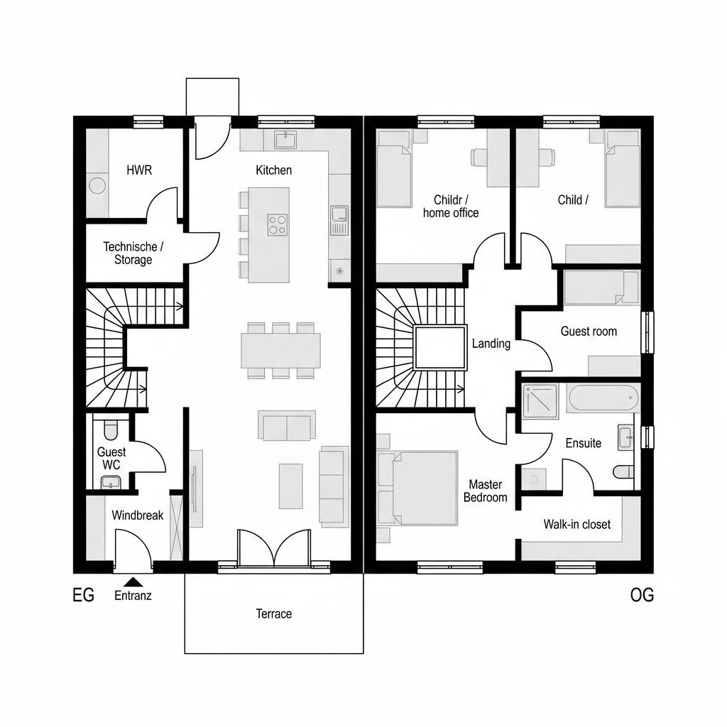Grundriss Reihenendhaus Life R146 – 146 m² Reihenhaus mit 5 Zimmern