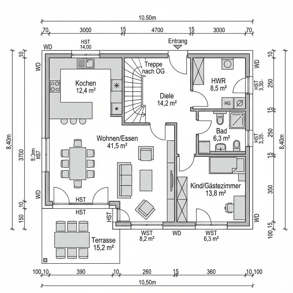 Grundriss Villa Turm 158 – 158 m² Stadtvilla mit 5 Zimmern