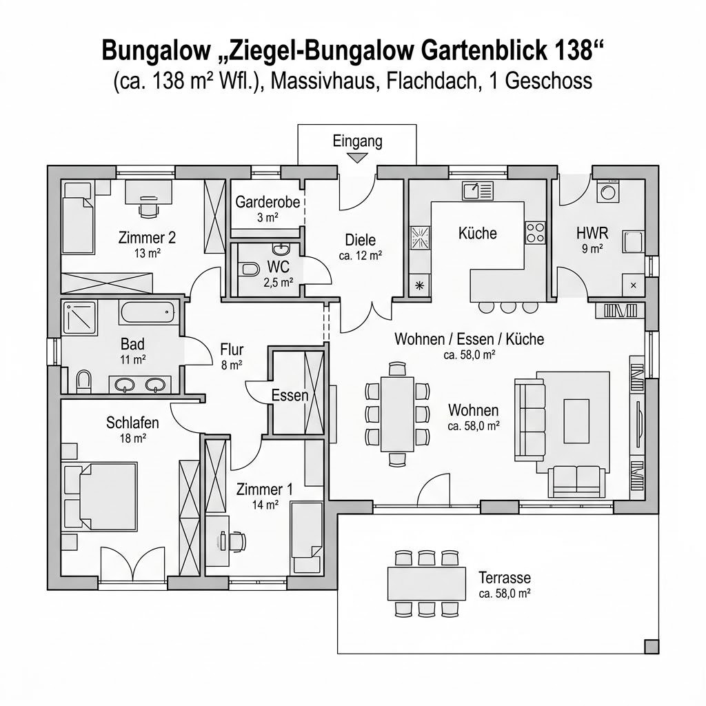 Grundriss Ziegel-Bungalow Gartenblick 138 von Rötzer Ziegel-Element-Haus — 138 m², 4 Zimmer