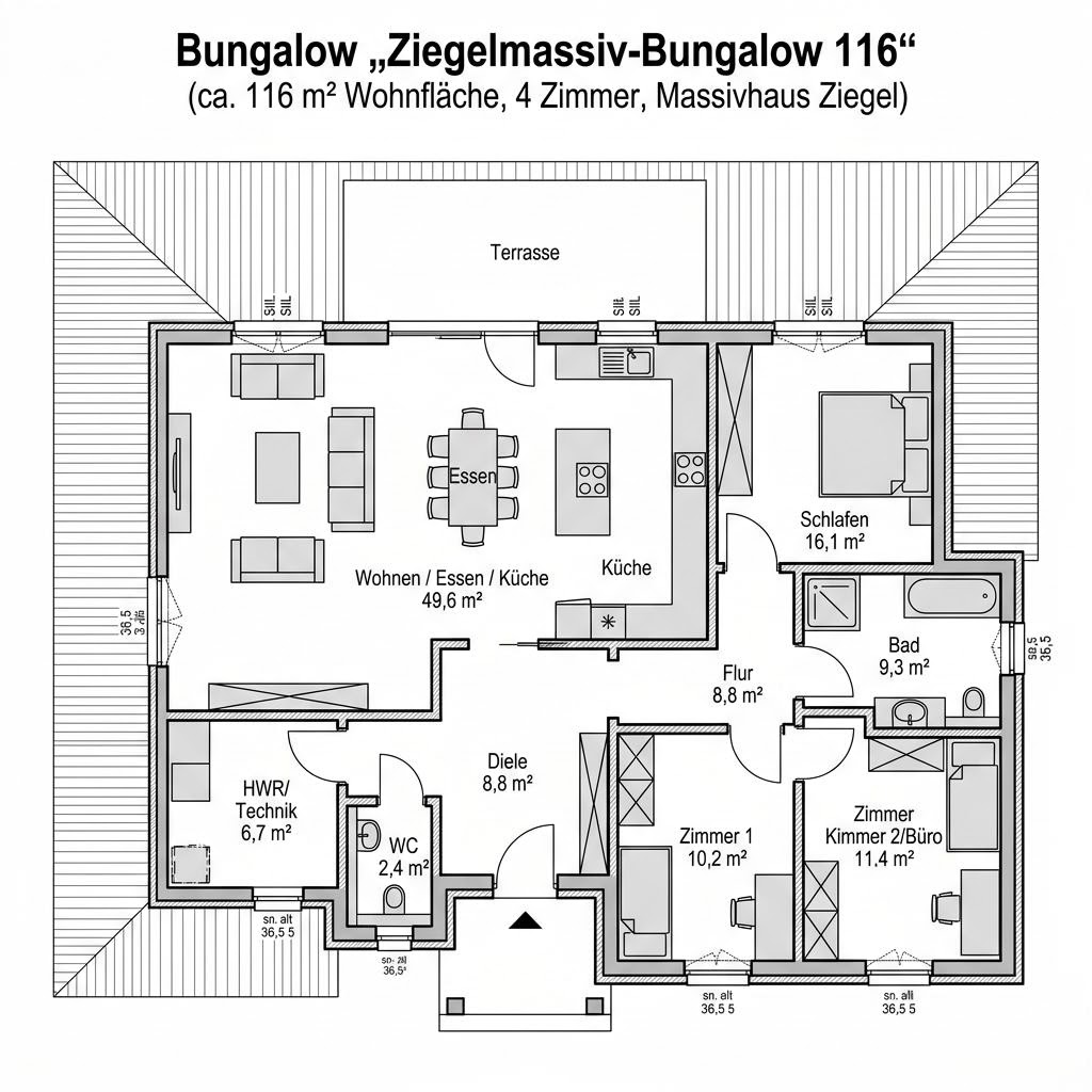 Grundriss Ziegelmassiv-Bungalow 116 – 116 m² Bungalow mit 4 Zimmern