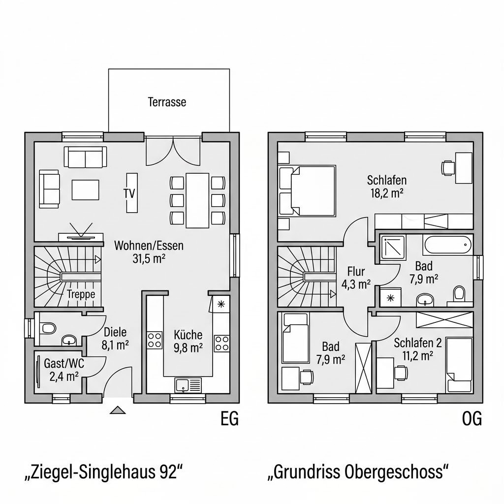 Grundriss Ziegel-Singlehaus 92 – 92 m² Singlehaus mit 3 Zimmern