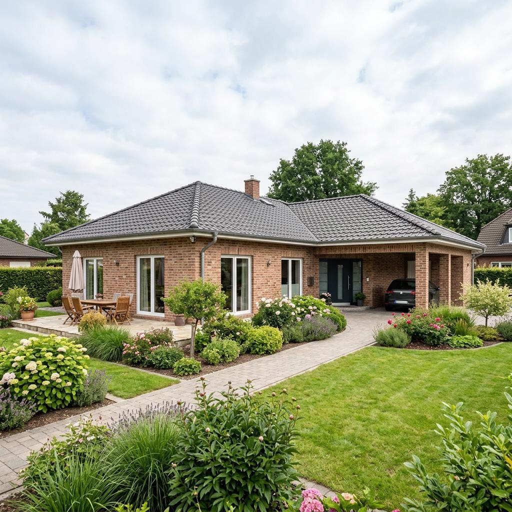 Ziegel-Winkelbungalow 140 von Rötzer Ziegel-Element-Haus mit Walmdach — massiver Winkelbungalow mit 140 m²