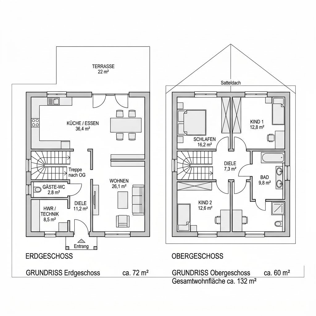 Grundriss Ziegelbausatz ZB 132 von Pult Bungalow Solar 120 — 132 m², 5 Zimmer