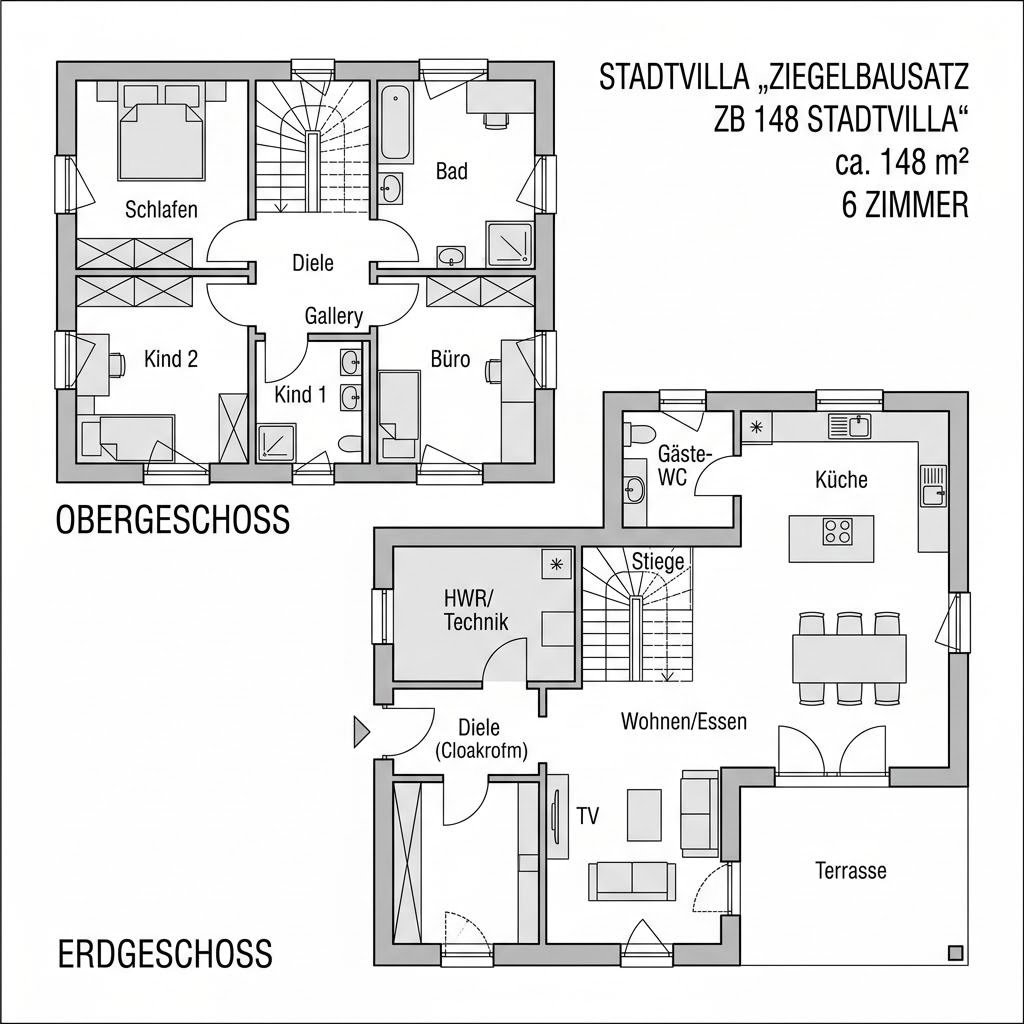 Grundriss Ziegelbausatz ZB 148 Stadtvilla von Pult Bungalow Solar 120 — 148 m², 6 Zimmer