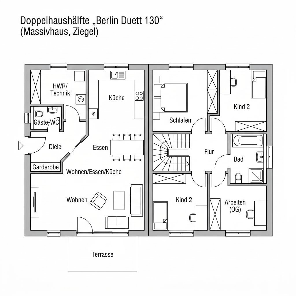 Grundriss Berlin Duett 130 von Roth-Massivhaus — 130 m², 5 Zimmer