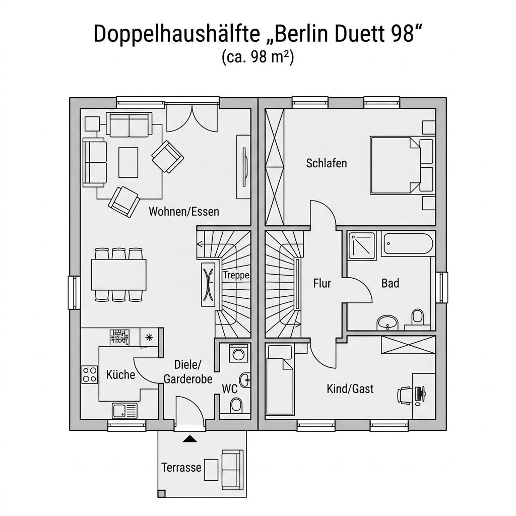 Grundriss Berlin Duett 98 von Roth-Massivhaus — 98 m², 3 Zimmer