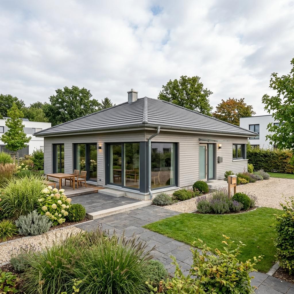Bungalow Flachland 98 von ScanHaus Marlow mit Walmdach — ebenerdiges Fertighaus mit 98 m²