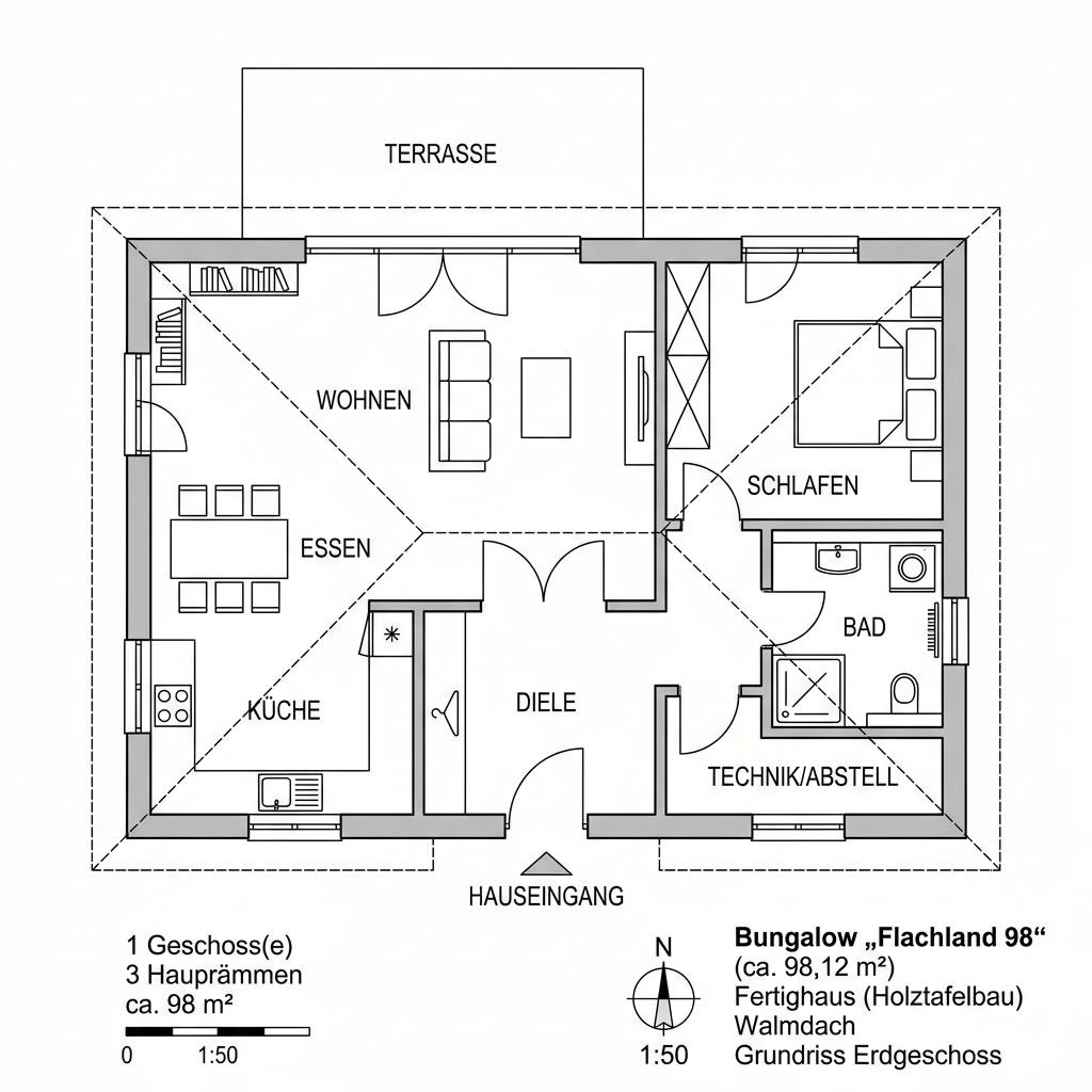 Grundriss Flachland 98 – 98 m² Bungalow mit 3 Zimmern