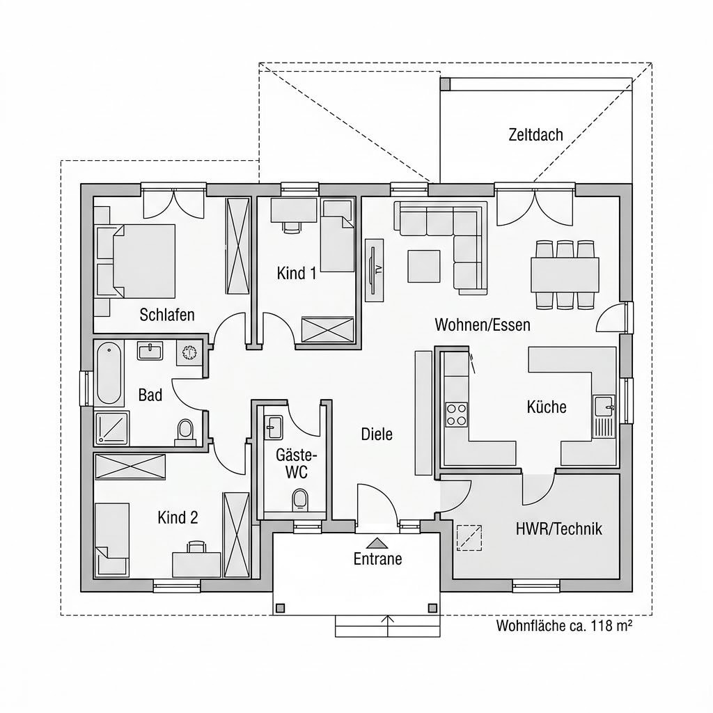 Grundriss Küstenwind 118 – 118 m² Bungalow mit 4 Zimmern