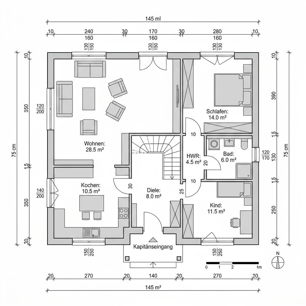 Grundriss Kapitänshaus Stralsund 145 von ScanHaus Marlow — 145 m², 5 Zimmer