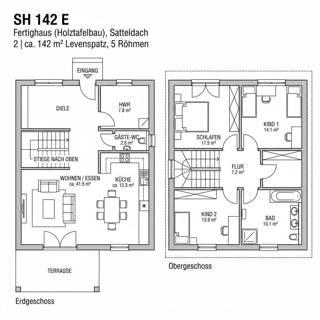 Grundriss SH 142 E von ScanHaus Marlow — 142 m², 5 Zimmer