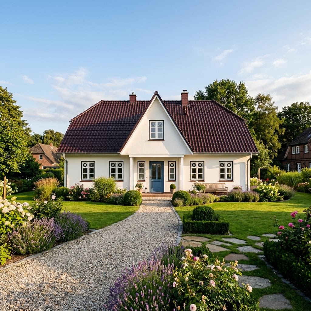 Friesenhaus Salzwiese von ScanHaus Marlow mit weißer Putzfassade und Sprossenfenstern