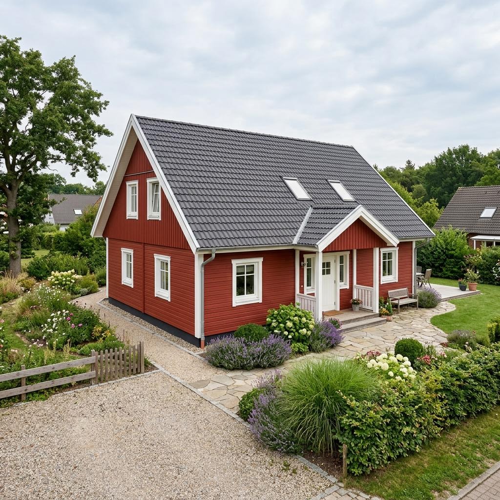 Schwedenhaus SH 138 R von ScanHaus Marlow als ebenerdiger Bungalow mit roter Holzfassade