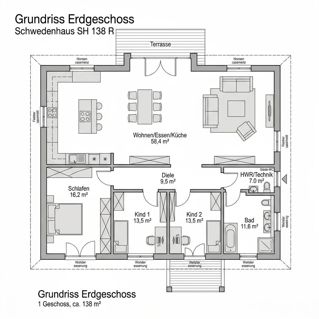 Grundriss Schwedenhaus SH 138 R von ScanHaus Marlow — 138 m², 4 Zimmer