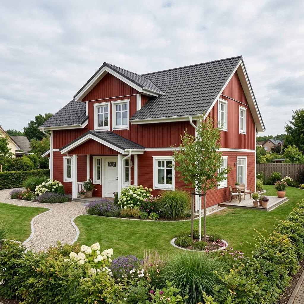 Schwedenhaus SH 152 W von ScanHaus Marlow mit roter Holzfassade und Satteldach