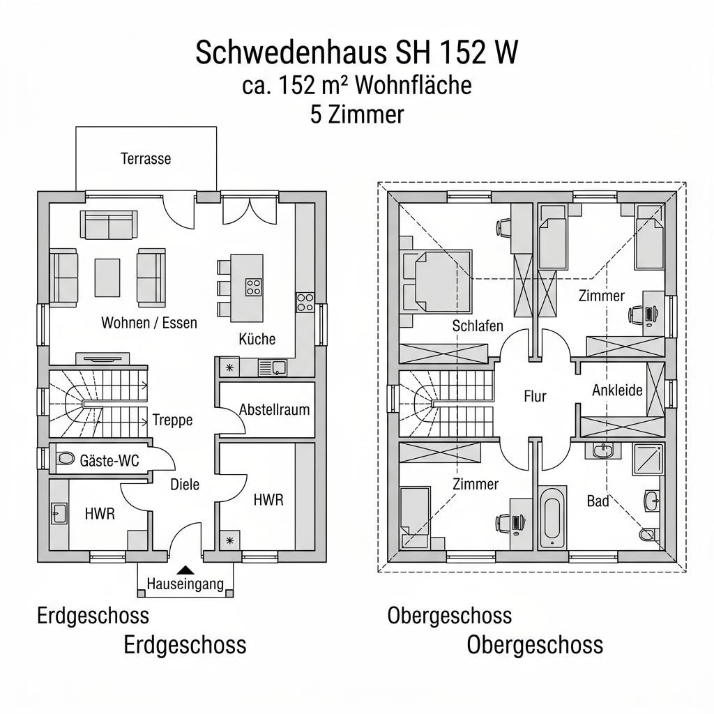 Grundriss Schwedenhaus SH 152 W von ScanHaus Marlow — 152 m², 5 Zimmer