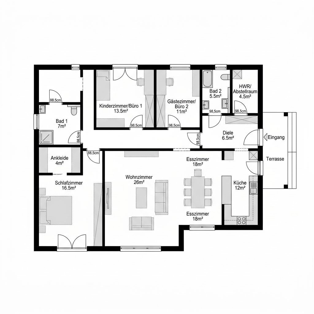 Grundriss SH 120 WB Winkelbungalow – 120 m² Bungalow mit 4 Zimmern