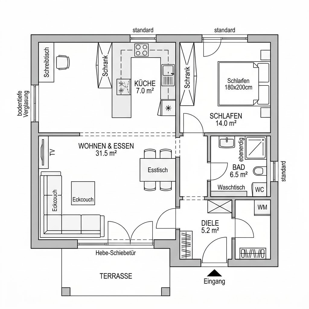 Grundriss Solo 64 – 64 m² Singlehaus mit 2 Zimmern