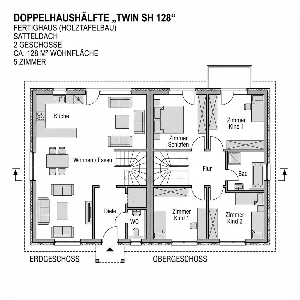 Grundriss Twin SH 128 von ScanHaus Marlow — 128 m², 5 Zimmer