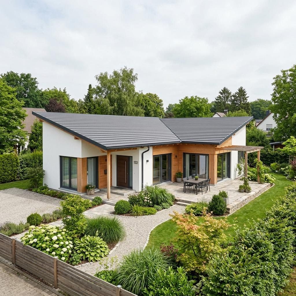Winkelbungalow Nordwinkel 122 von ScanHaus Marlow mit Pultdach — moderner Holz-Winkelbungalow mit 122 m²