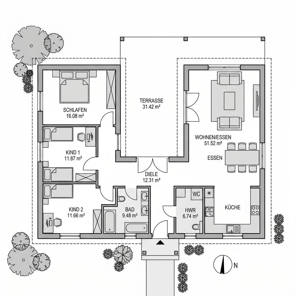 Grundriss Winkelbungalow Nordwinkel 122 – 122 m² Winkelbungalow mit 4 Zimmern