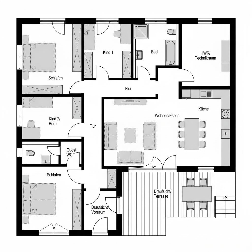 Grundriss Winkelbungalow WB 130 Atrium – 130 m² Winkelbungalow mit 4 Zimmern