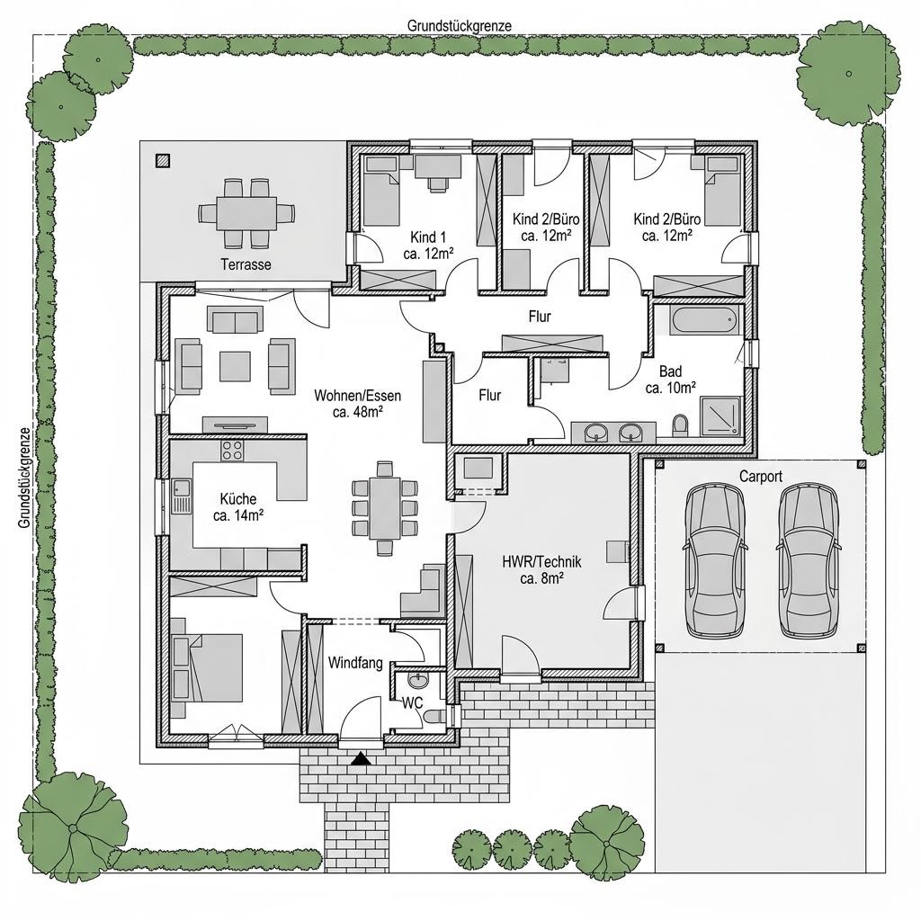 Grundriss Winkelbungalow WB 140 – 140 m² Winkelbungalow mit 4 Zimmern