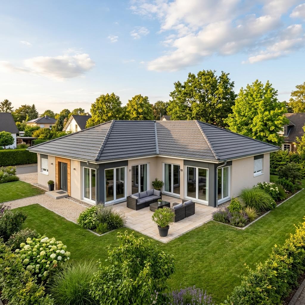 Ebenerdiger Winkelbungalow WB 148 von scanhaus mit Walmdach und Innenhof-Terrasse