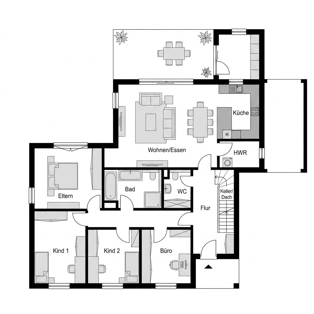 Grundriss Winkelbungalow WB 155 – 155 m² Winkelbungalow mit 5 Zimmern