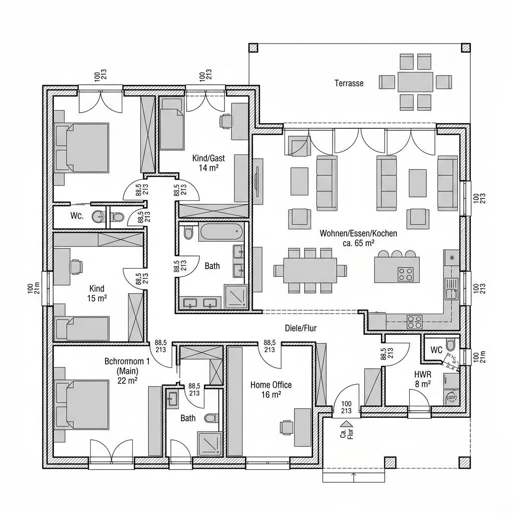 Grundriss Winkelbungalow WB 170 – 170 m² Winkelbungalow mit 5 Zimmern