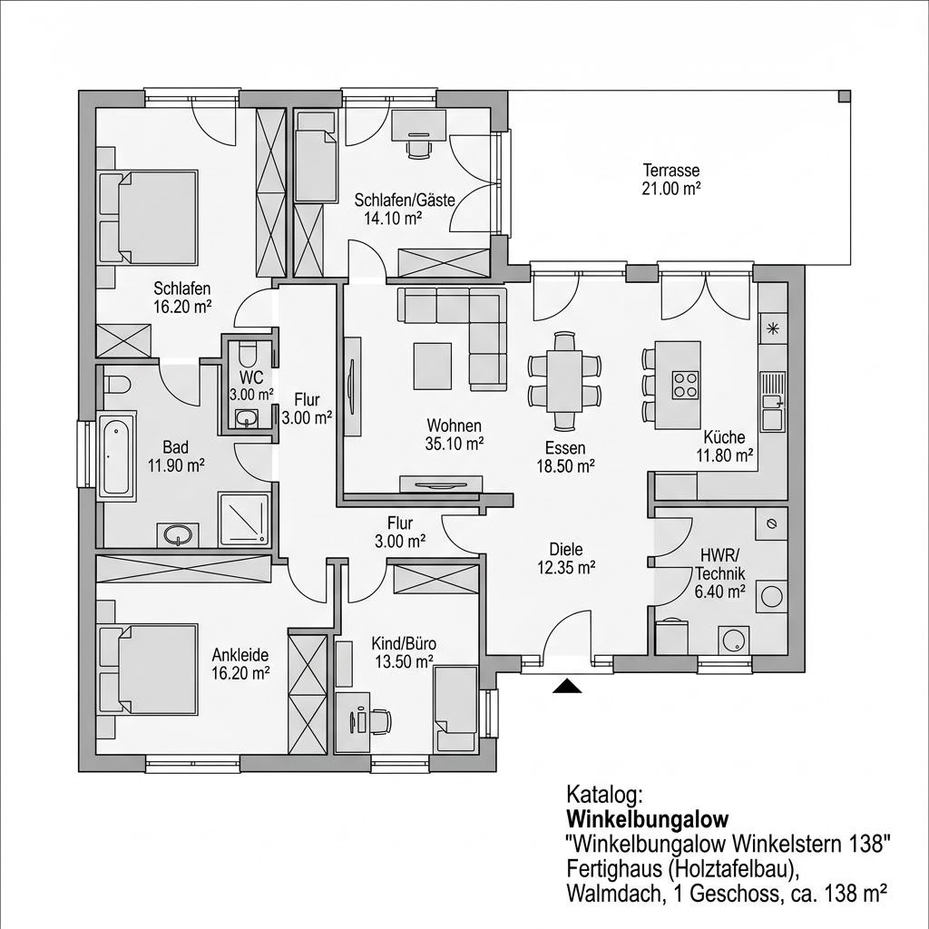 Grundriss Winkelbungalow Winkelstern 138 – 138 m² Winkelbungalow mit 4 Zimmern