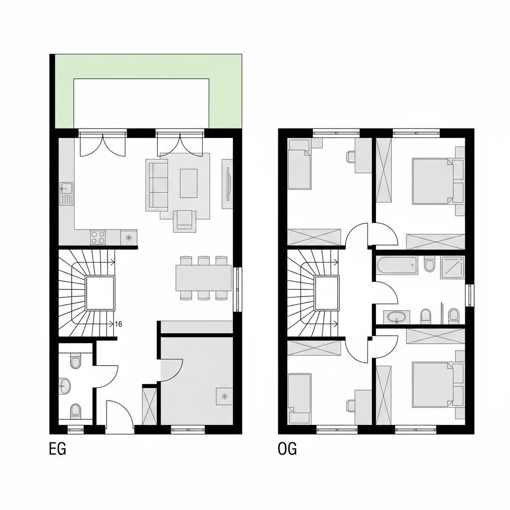Grundriss Reihenmittelhaus Fokus R122 – 122 m² Reihenhaus mit 4 Zimmern