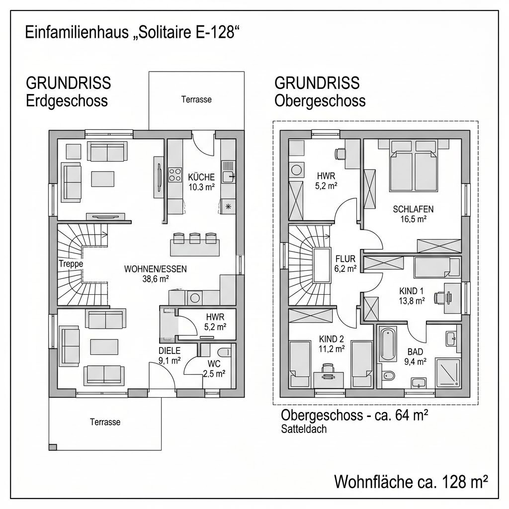 Grundriss Solitaire E-128 von Schwabenhaus — 128 m², 4 Zimmer