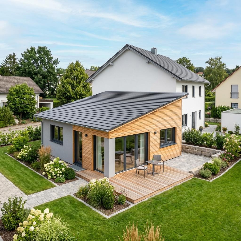 Anbau-Modul FlyingSpace Anbau 56 von SchwörerHaus mit Pultdach — Fertighaus-Wohnmodul mit 56 m²