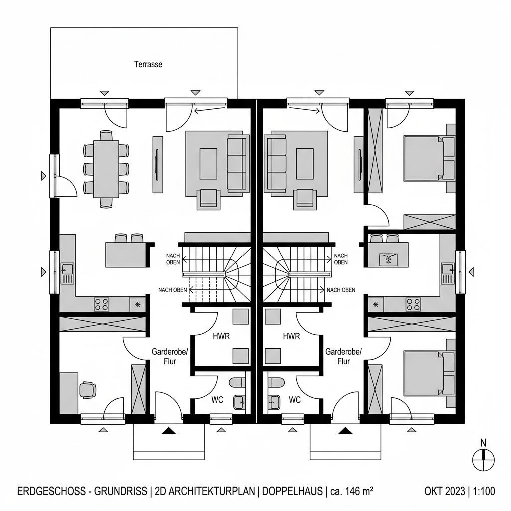 Grundriss E 15-146 Doppelhaus – 146 m² Doppelhaus mit 5 Zimmern