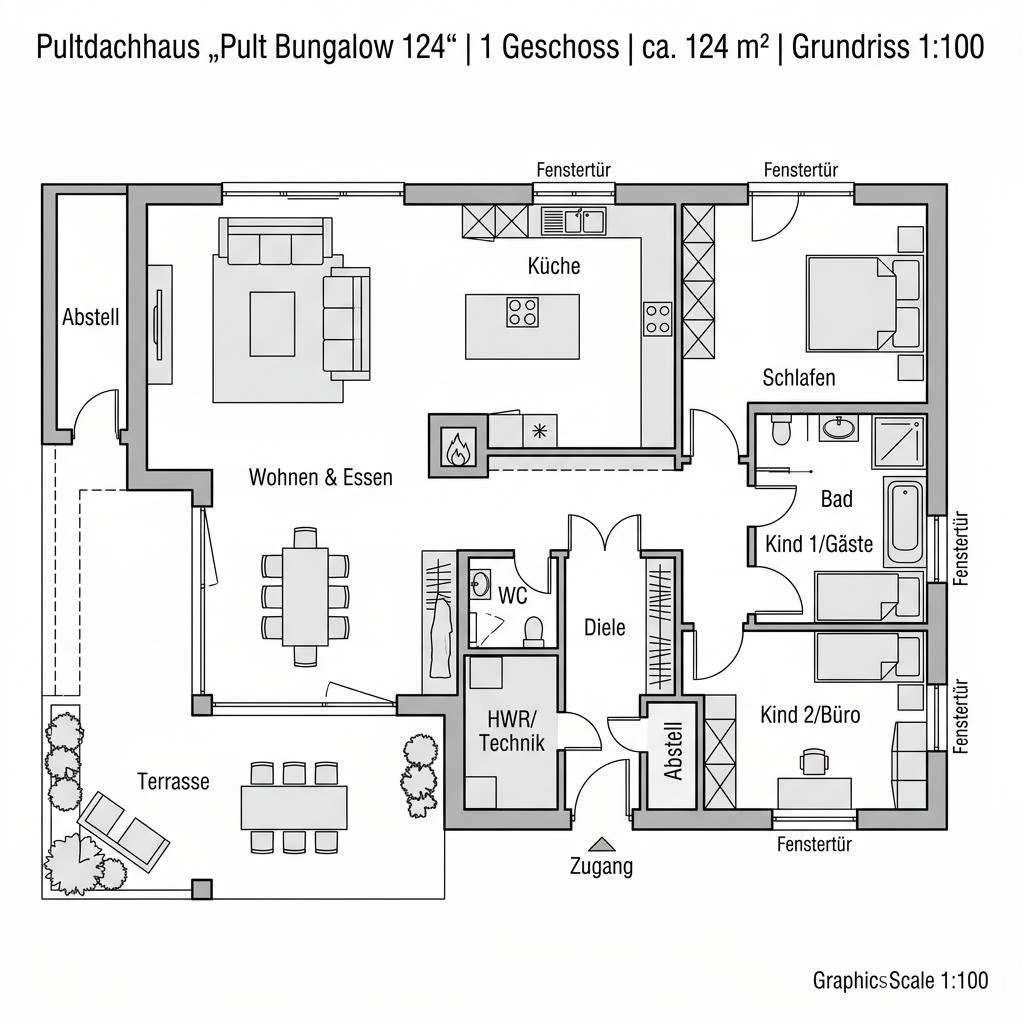 Grundriss Pult Bungalow 124 von SchwörerHaus — 124 m², 4 Zimmer
