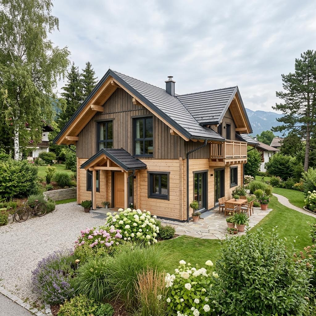 Ferienhaus Arlberg 70 von Alpin Chalets Tirol als Massivholz-Chalet mit Steildach und Balkon