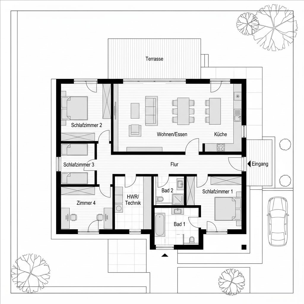 Grundriss Chalet-Bungalow Inn von Sonnleitner Holzbauwerke — 118 m², 4 Zimmer