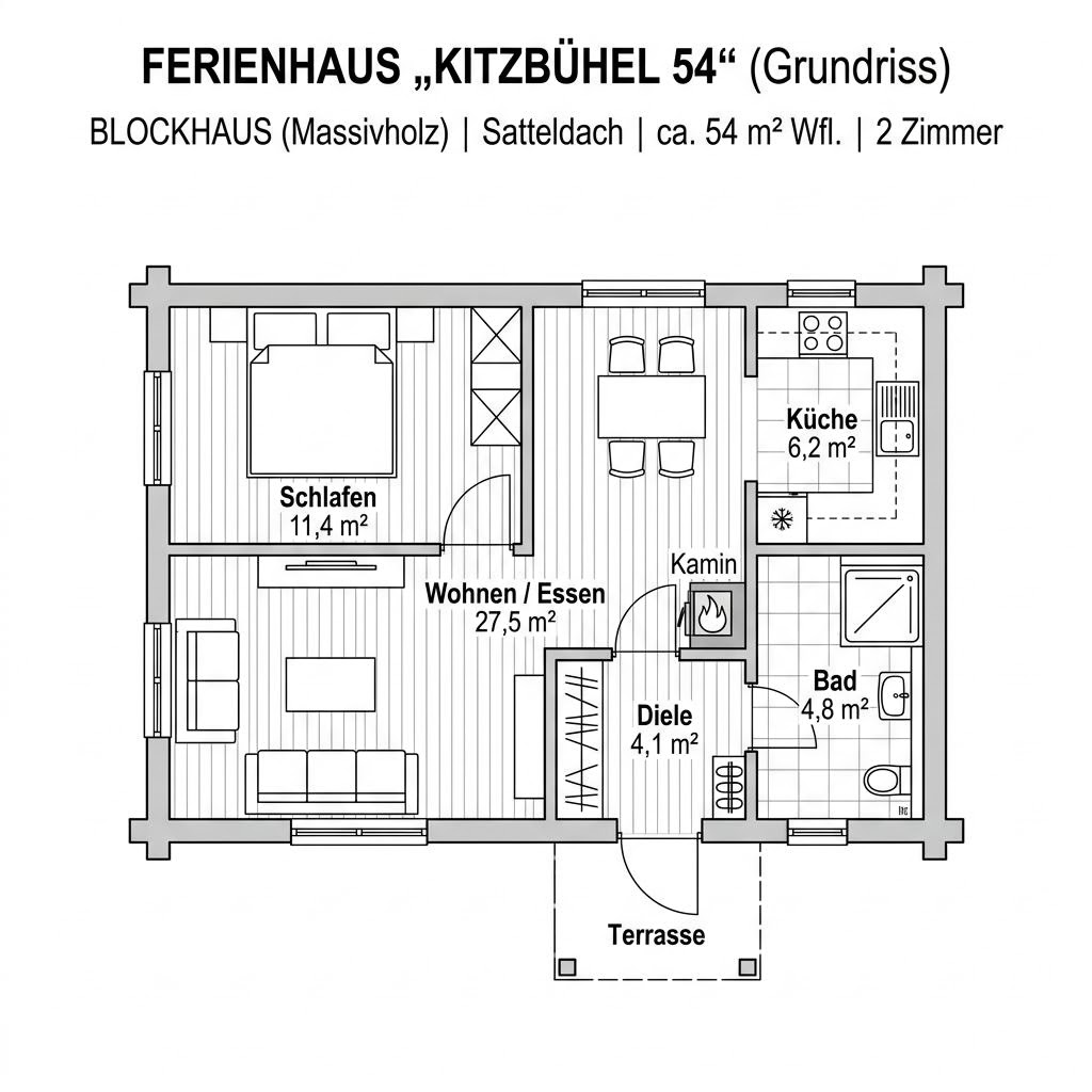 Grundriss Kitzbühel 54 von Sonnleitner Holzbauwerke — 54 m², 2 Zimmer