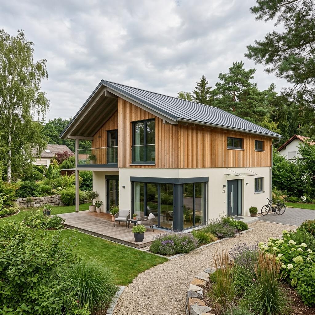 Pultdachhaus PultHolz Alpin 162 von Sonnleitner mit massiver Holzbauweise und Solardach