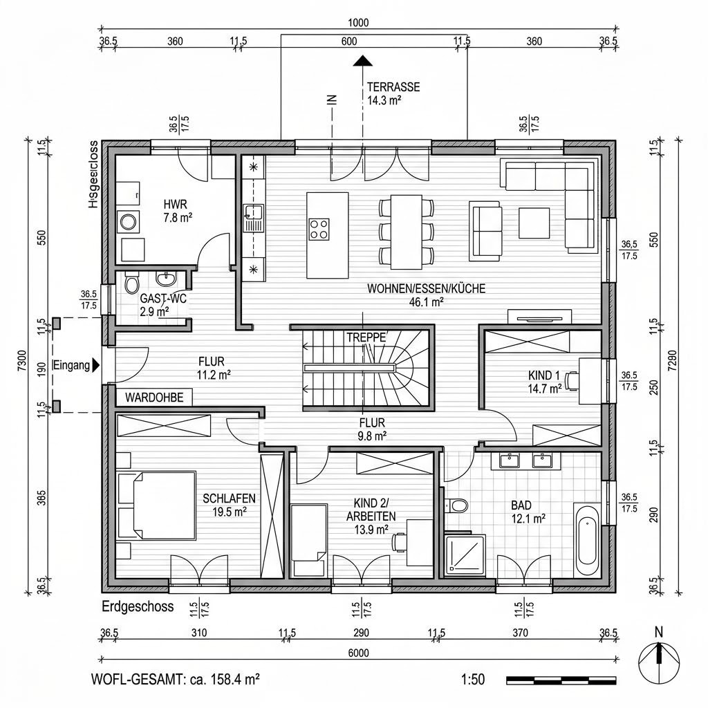 Grundriss Vita Classic 158 Stadtvilla von allkauf haus — 158 m², 5 Zimmer