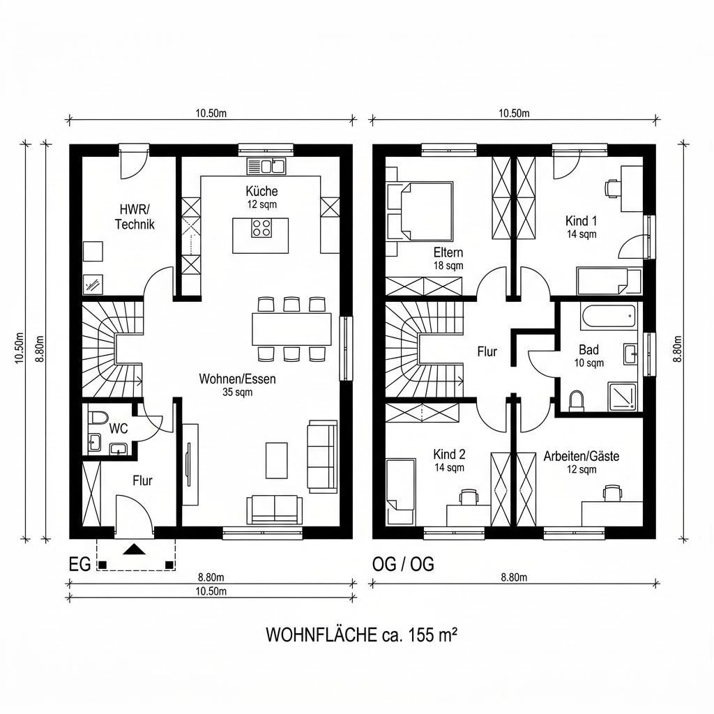 Grundriss Stadtvilla Block 155 von Deutsche Neubau — 155 m², 5 Zimmer
