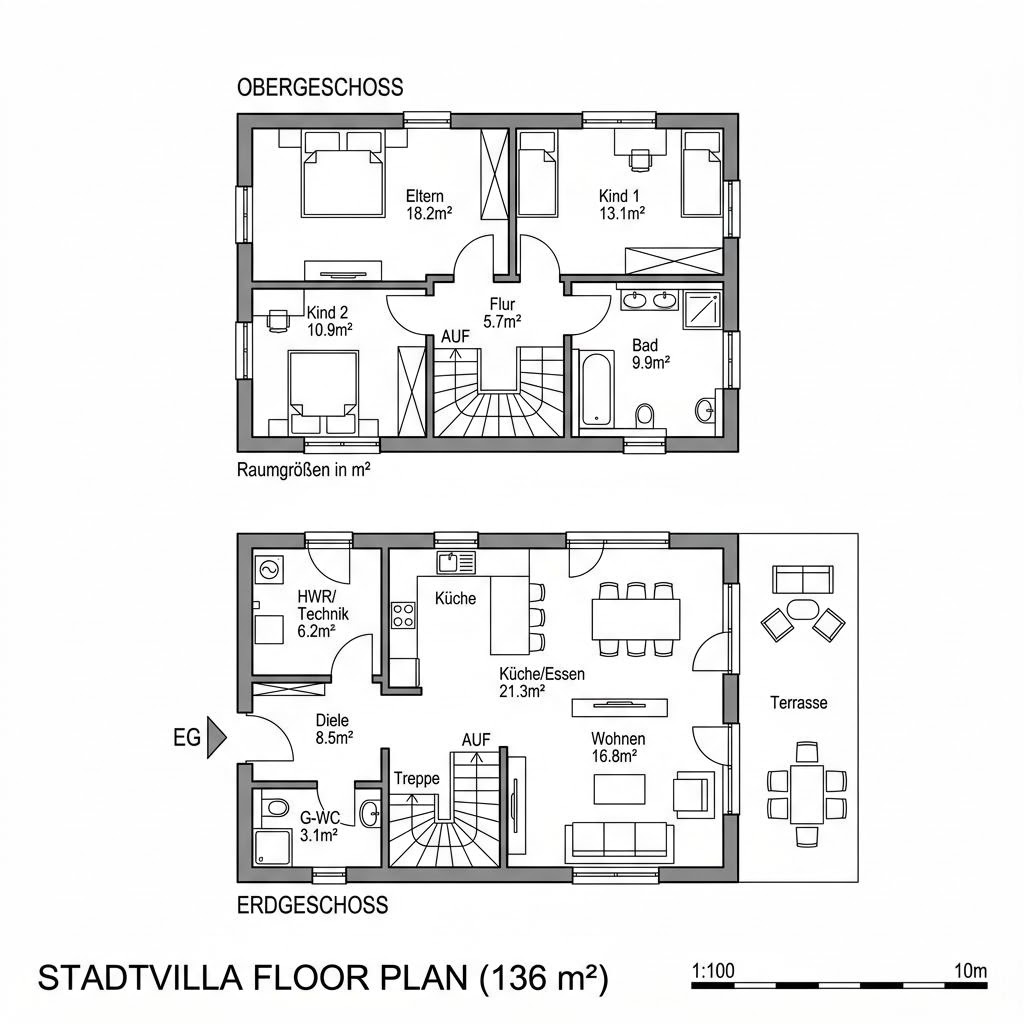Grundriss Stadtvilla Suhl von Econ Das Haus — 136 m², 5 Zimmer