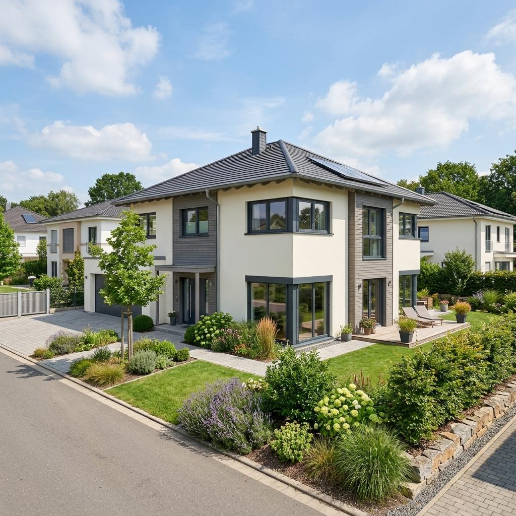 Stadtvilla Charakterhaus 160 von Fertighaus WEISS — Holzfertighaus mit Walmdach und symmetrischer Fassade