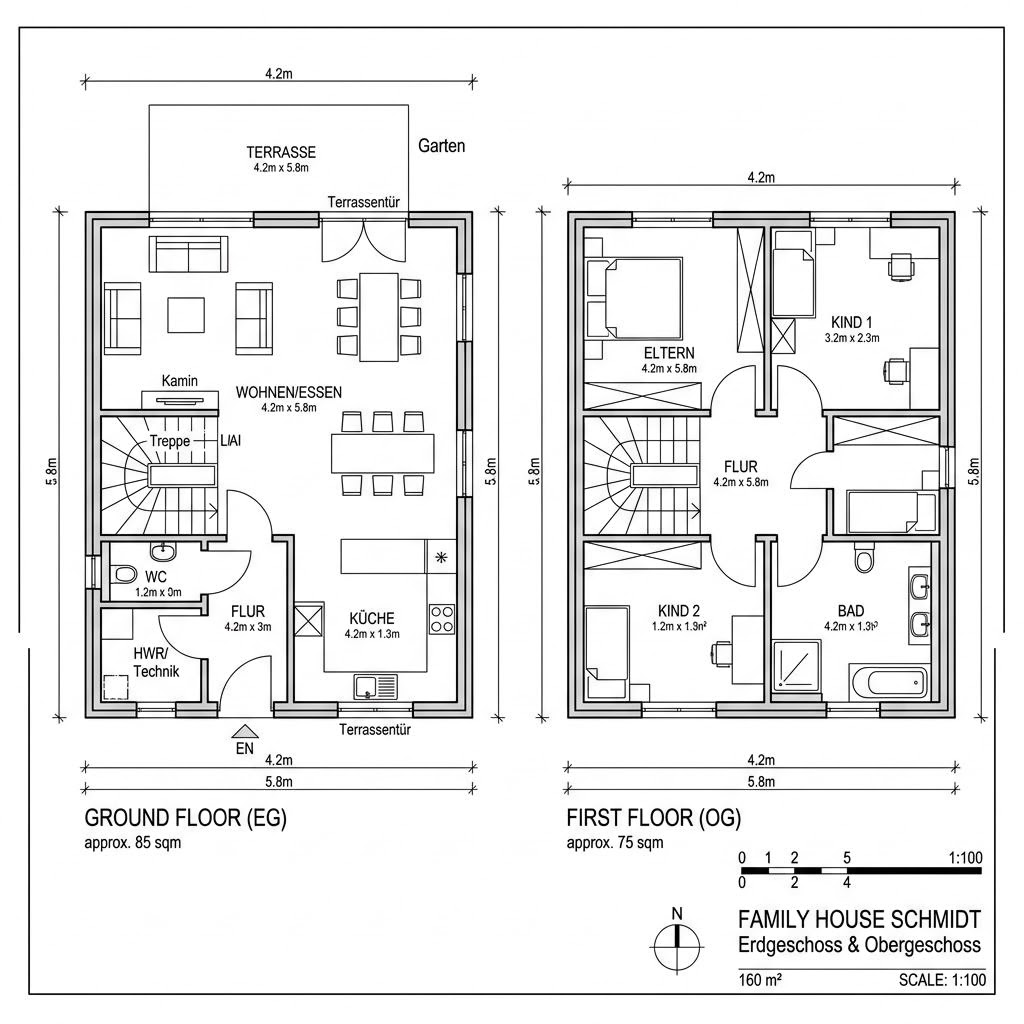 Grundriss Charakterhaus 160 Stadtvilla von Fertighaus WEISS — 160 m², 5 Zimmer