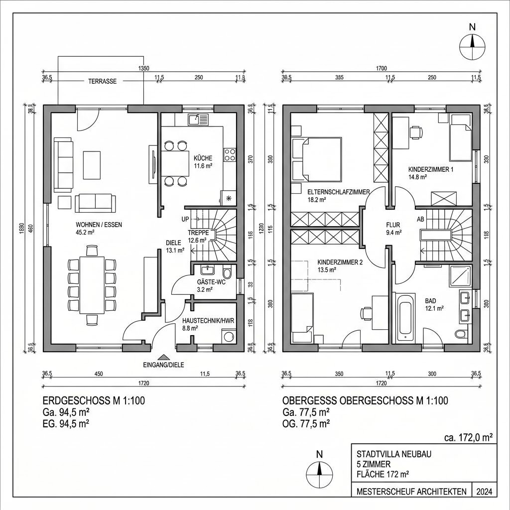 Grundriss Charakterhaus 172 Stadtvilla von Fertighaus WEISS — 172 m², 5 Zimmer